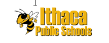 Logo: Ithaca Public Schools with yellow bee mascot.