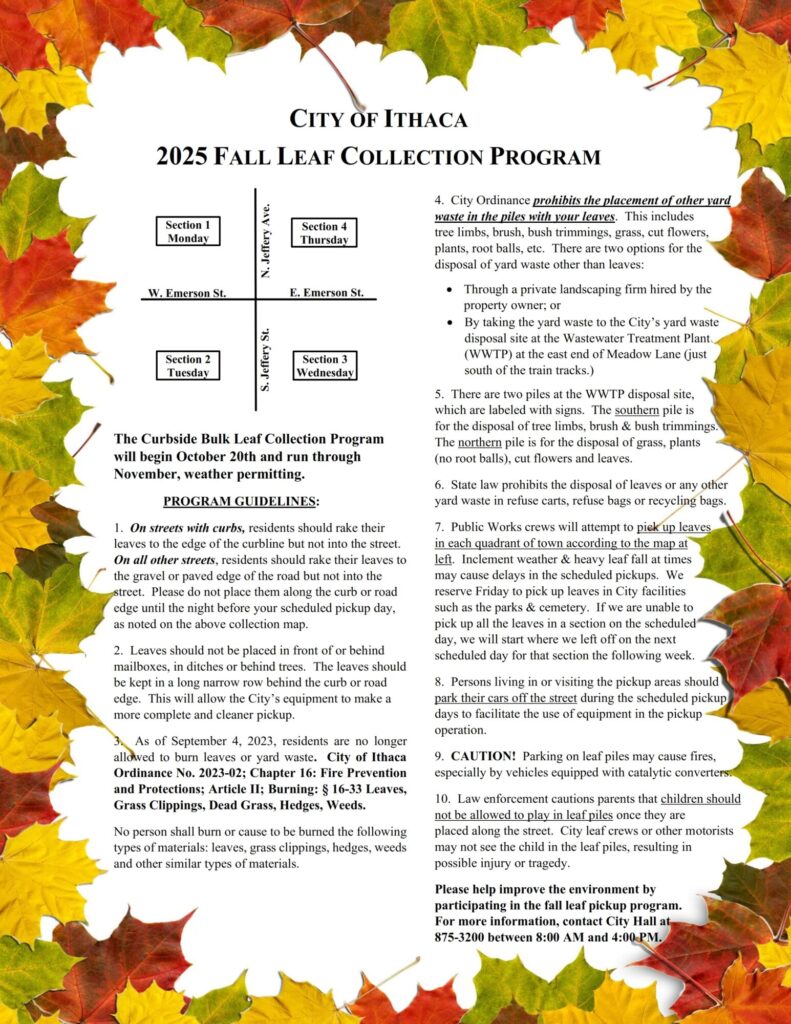2025 Ithaca fall leaf collection program flyer.