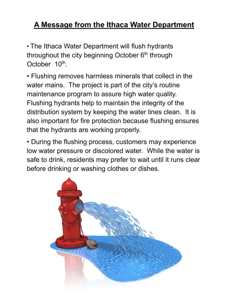 Notice about hydrant flushing in Ithaca, October 6-10.