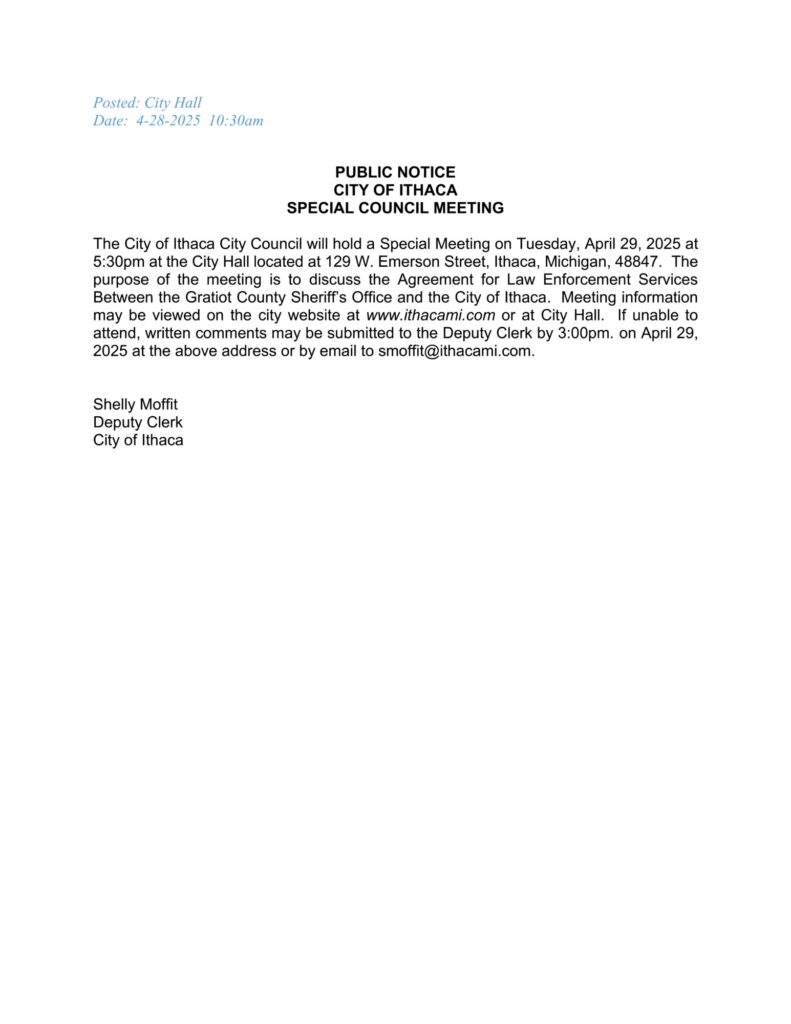 Ithaca City notice: Special Council Meeting details.