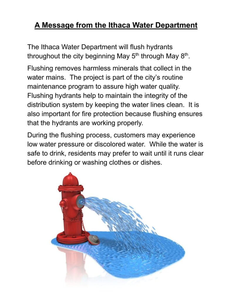 Ithaca hydrant flushing notice with spilling water illustration.