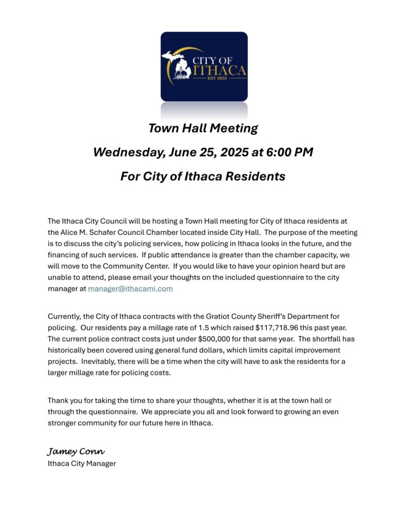 Ithaca City Town Hall Meeting announcement, June 25, 2025.