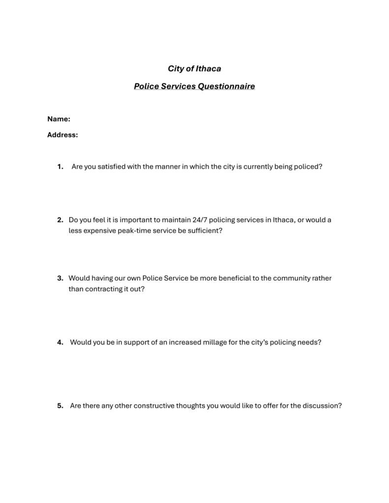 City of Ithaca Police Services Questionnaire form.