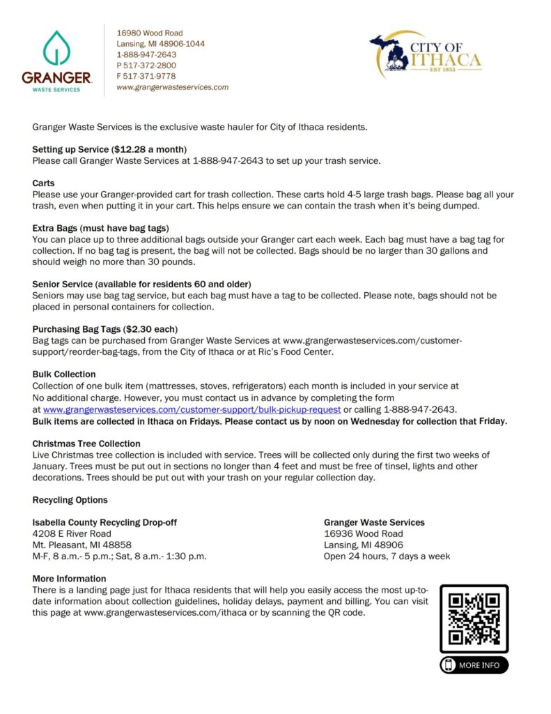 9 1 25 granger letter for new residents 001 Granger Waste Services information for Ithaca residents.