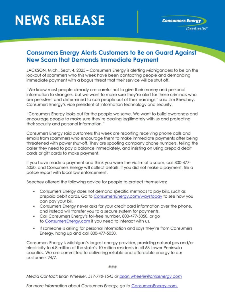 Consumers Energy warning against scam demanding immediate payment.