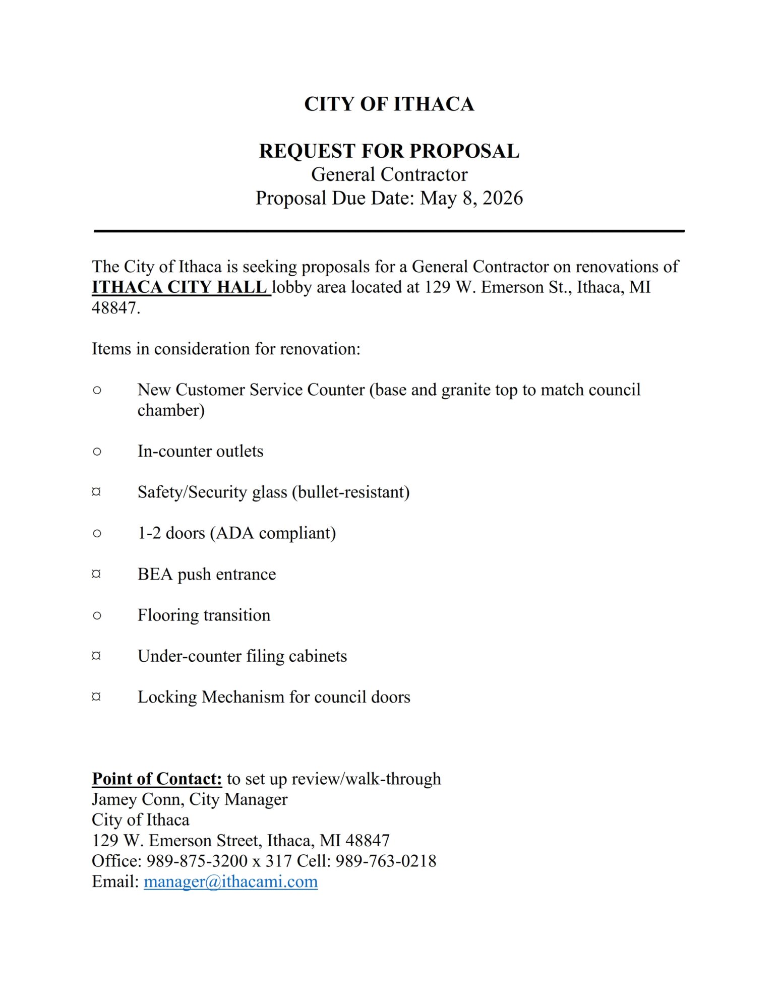 City of Ithaca renovation proposal request.