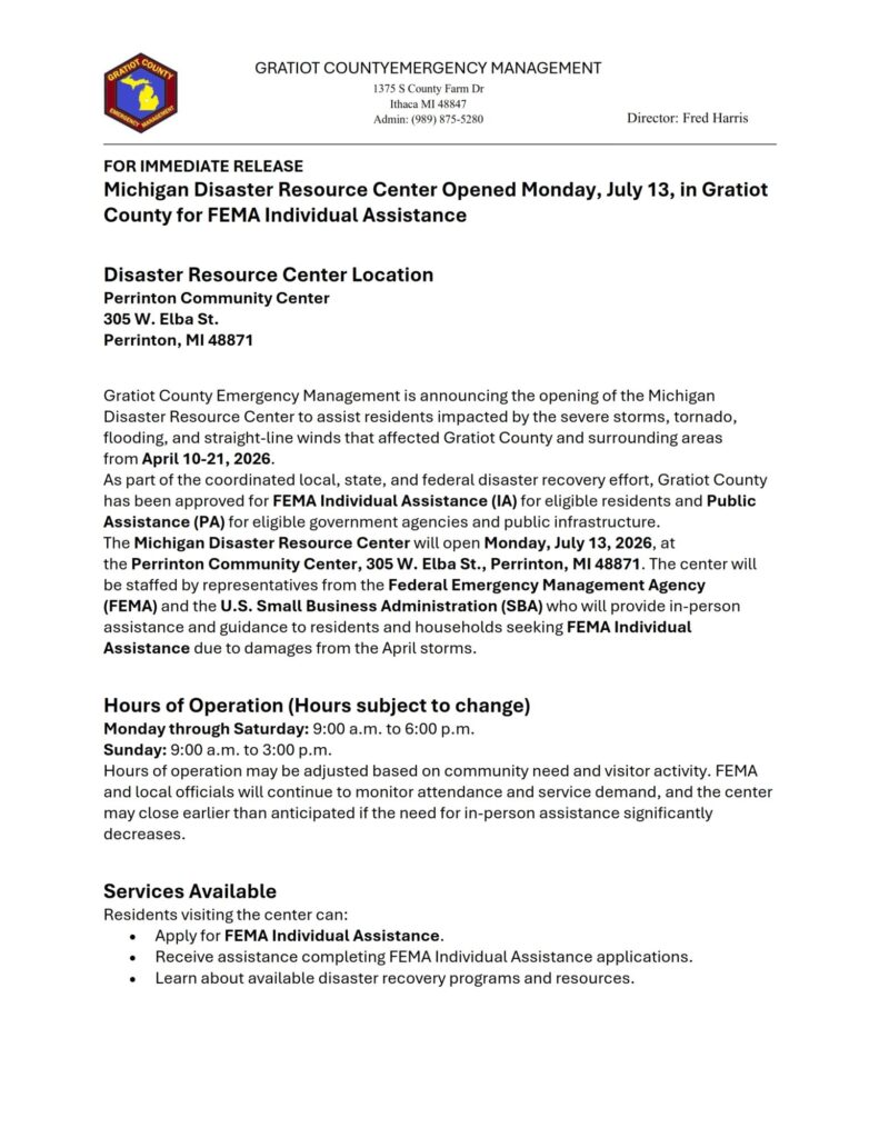 Michigan Disaster Resource Center opening announcement flyer
