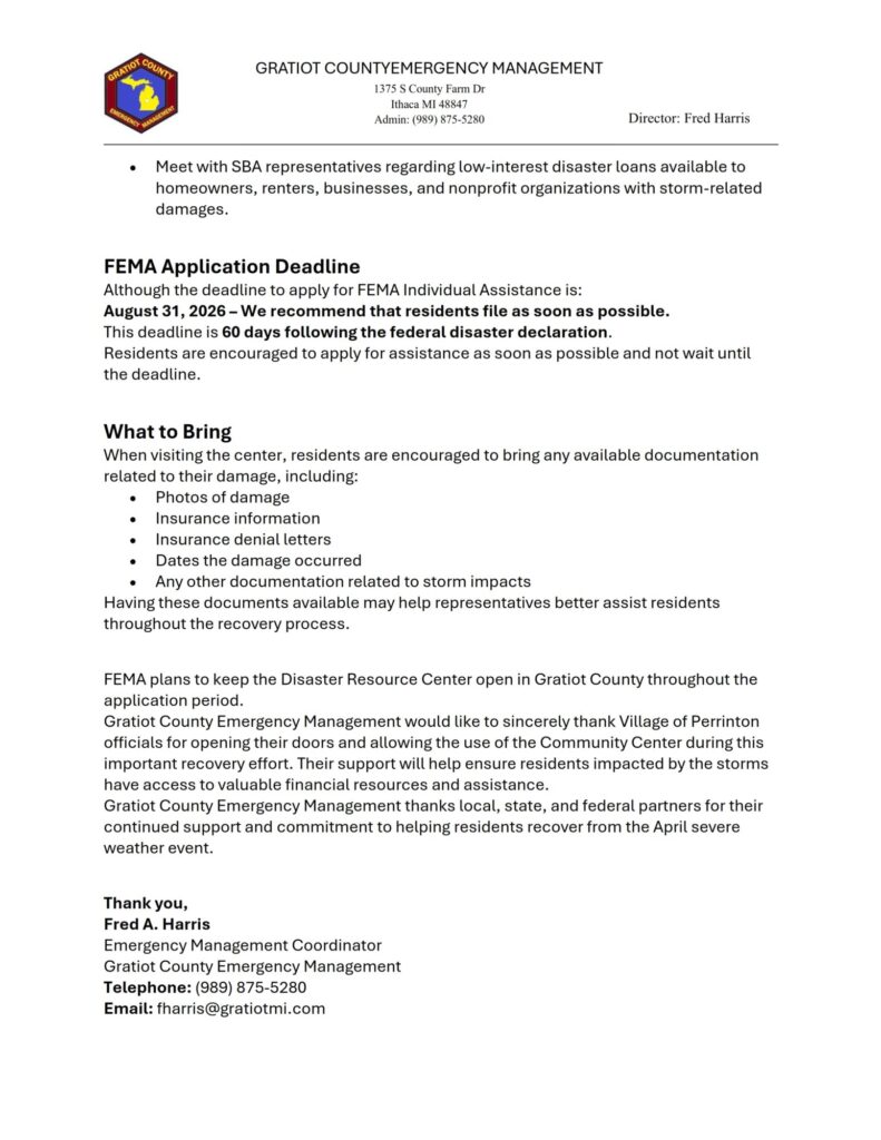 Gratiot County FEMA application deadline notice flyer