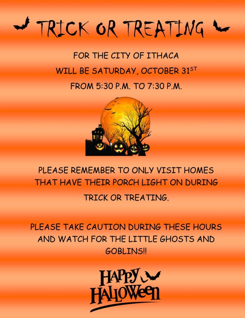 Ithaca Halloween trick-or-treating hours and safety reminder poster