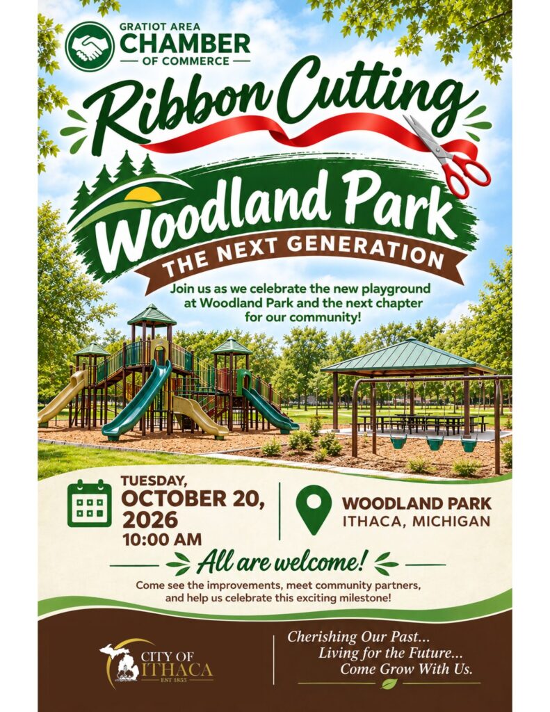 Woodland Park playground ribbon-cutting event poster, Ithaca, Michigan